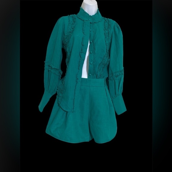 Peekskill set pant blouse women S teal ruffles button down event vacation Y2K - Picture 12 of 12
